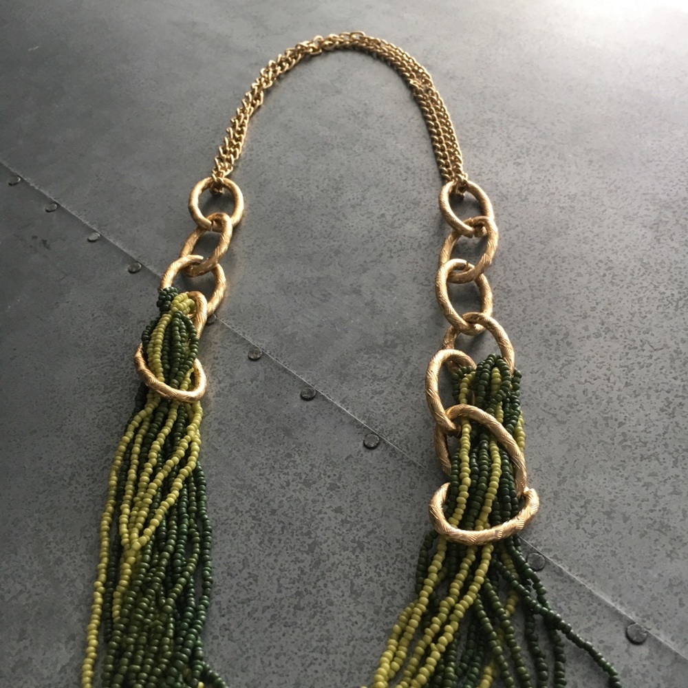 Green Drapey Beaded Necklace on Large Gold Loops - Picture 2 of 4